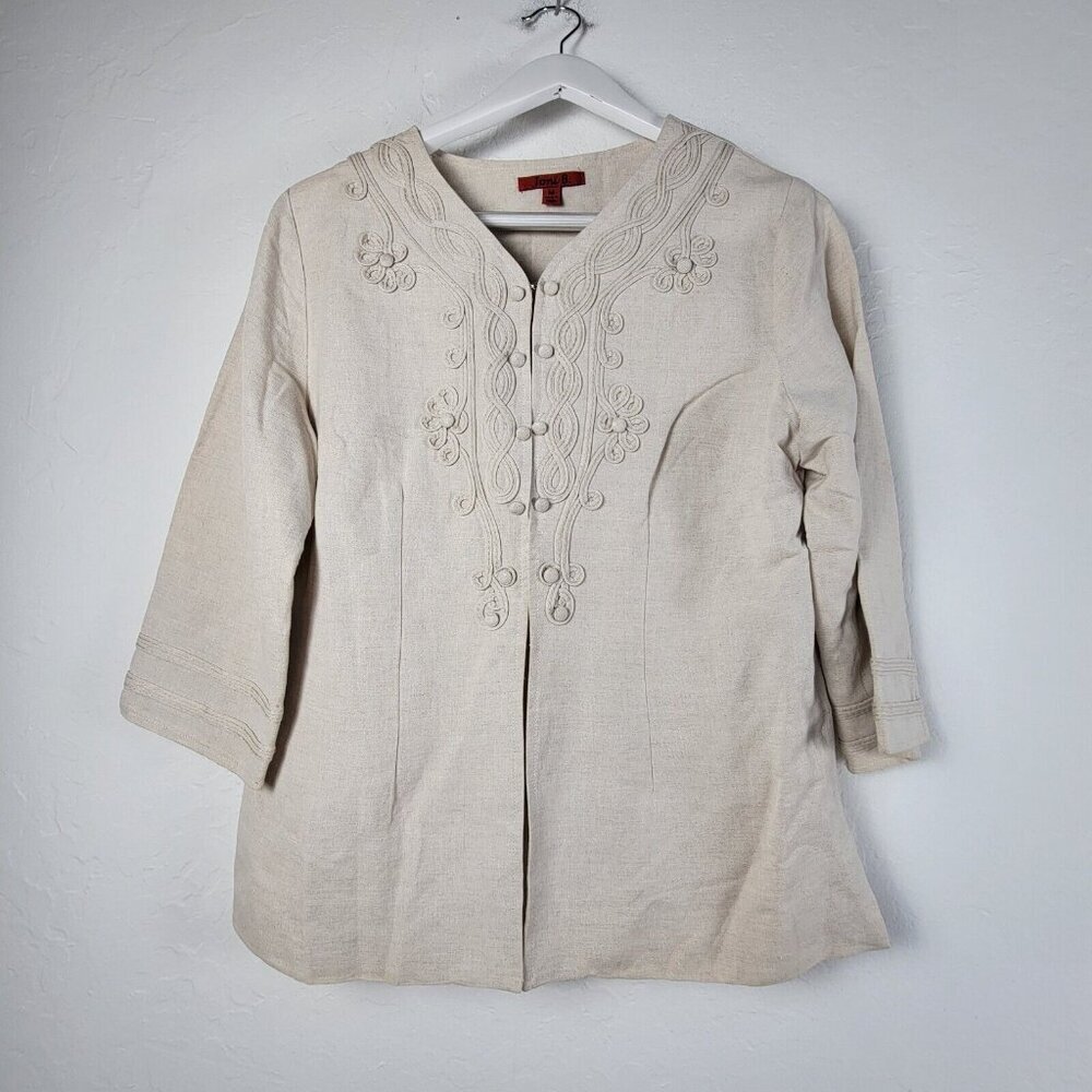 Joni B. Womens Linen Blend Embroidered Blazer Cardigan Medium Ivory 3/4 Sleeve